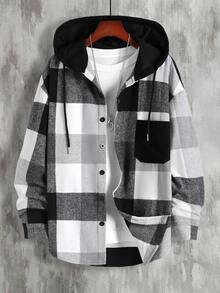 Manfinity Homme Men's Long Sleeve 1pc Loose Fit Plaid Print Drawstring Hooded Overcoat, Going Out Casual Overcoat, For Friends, Husband, Boyfriend Gifts , Fall Winter - Black and White - View 1