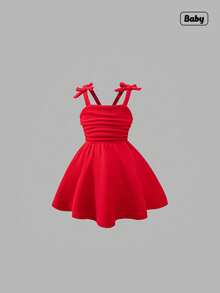 Sweetra Baby Girls' Fashion Elegant Solid Color 3D Bow Shoulder Ruched Strap Dress, Suitable For Outdoor Formal Occasions And Parties, Spring/Summer