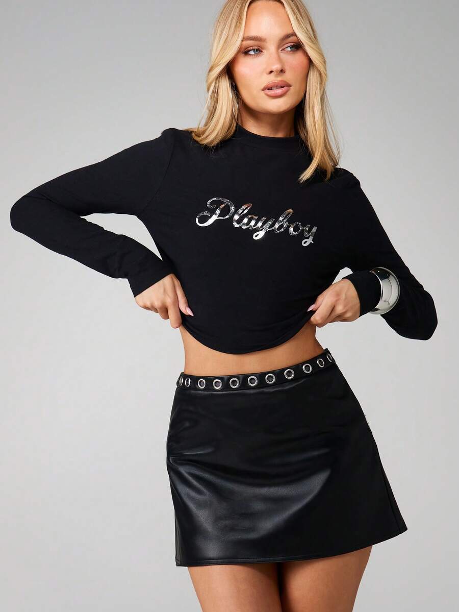 Missguided x Playboy ملابس علوية قصيرة بأكمام طويلة وياقة وهمية مع طباعة شعار للحفلات - الأسود - مشاهدة 1