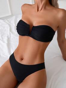 Swim Basics Women's Summer Beach Solid Color Pleated Strapless Sexy Bikini Set