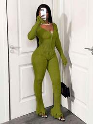 BamGleam 2pcs Women Autumn/Winter Zipper Tassel High Waist Sexy Knit Sweater Set