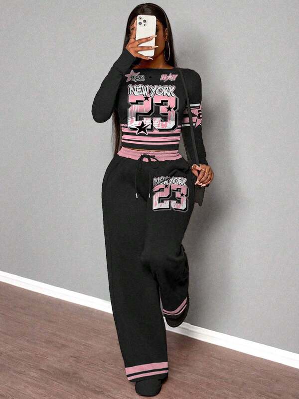 Slaydiva Women Casual Straight Sports Sweatpants + Long Sleeve T-Shirt 2Pcs Set/Winter Clothes For Women/Fall Clothes For Women/Black Set/Black Top+Black Pants/Y2k Clothes/Streetwear/Two Pieces Set Women/Back To School/Going Out Set For Women/Casual Street/NEW YORK Flame NO.23 Graphic