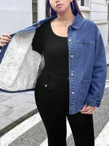 SHEIN EZwear 大码女式冬季加厚保暖牛仔外套 - 深色水洗藍 - 查看 12