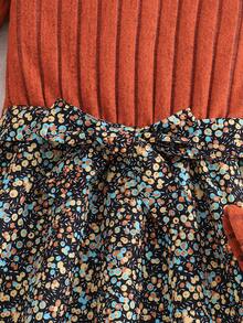 1pc Girls Crew Neck Long Sleeve Ribbed Knit Patchwork Floral Hem Dress, Sweet & Ladylike, Autumn Fall Winter - Brown - View 6