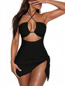 SHEIN Swim 女士純色露背一件式泳裝和肩帶泳裙套裝，2件 - 黑色 - 查看 5