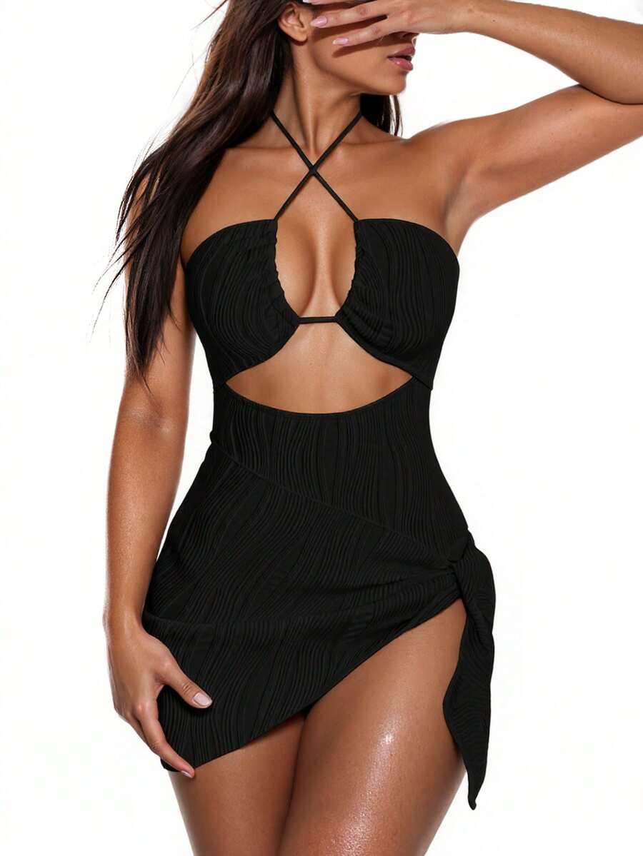 SHEIN Swim NỮ Màu thuần Halterneck Đồ bơi một mảnh Và Dây đeo Bơi Bộ váy , 2