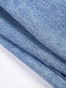 SHEIN ChillGRL Quần jean denim ống đứng, dáng suông, dáng suông, cạp chun cơ bản, thiết kế cạp chun, màu xanh nhạt, quần rách, phù hợp với mọi mùa, chất liệu vải thoải mái - Rửa nhẹ - Xem 3