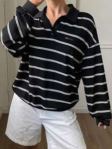 DAZY Contrast Stripe Loose Turndown Collar Long Sleeve Casual Street Sweatshirt For Women, Autumn/Winter - Black - View 4