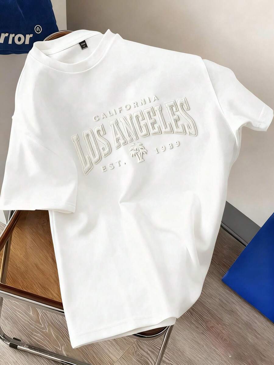 Claim Dot Men's Los Angeles 3D Letter Print T-Shirt, Minimalist Style, Suitable As A Gift For Friends