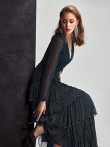 MOTF Soiréza VESTIDO FORMAL DE MANGA LARGA CON CONTRASTE DE MALLA RECOGIDA Y ELEGANTE ROMÁNTICO PARA MUJER, PARA OCASIONES FORMALES - Agua verde azul - Ver 7