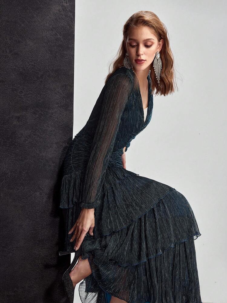 MOTF Soiréza 女性用ロマンチックエレガントなギャザー入りコントラストメッシュロングスリーブドレス、フォーマルな機会向け