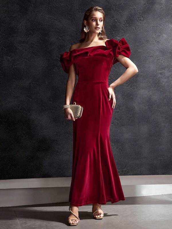 MOTF Soiréza VESTIDO DE MUJER DE TERCIOPELO CON HOMBROS DESCUBIERTOS Y BAJO DE COLA DE SIRENA PARA OCASIONES FORMALES