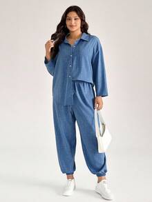 Comfylo 大码休闲长袖衬衫和裤子两件套 - 藍色 - 查看 7