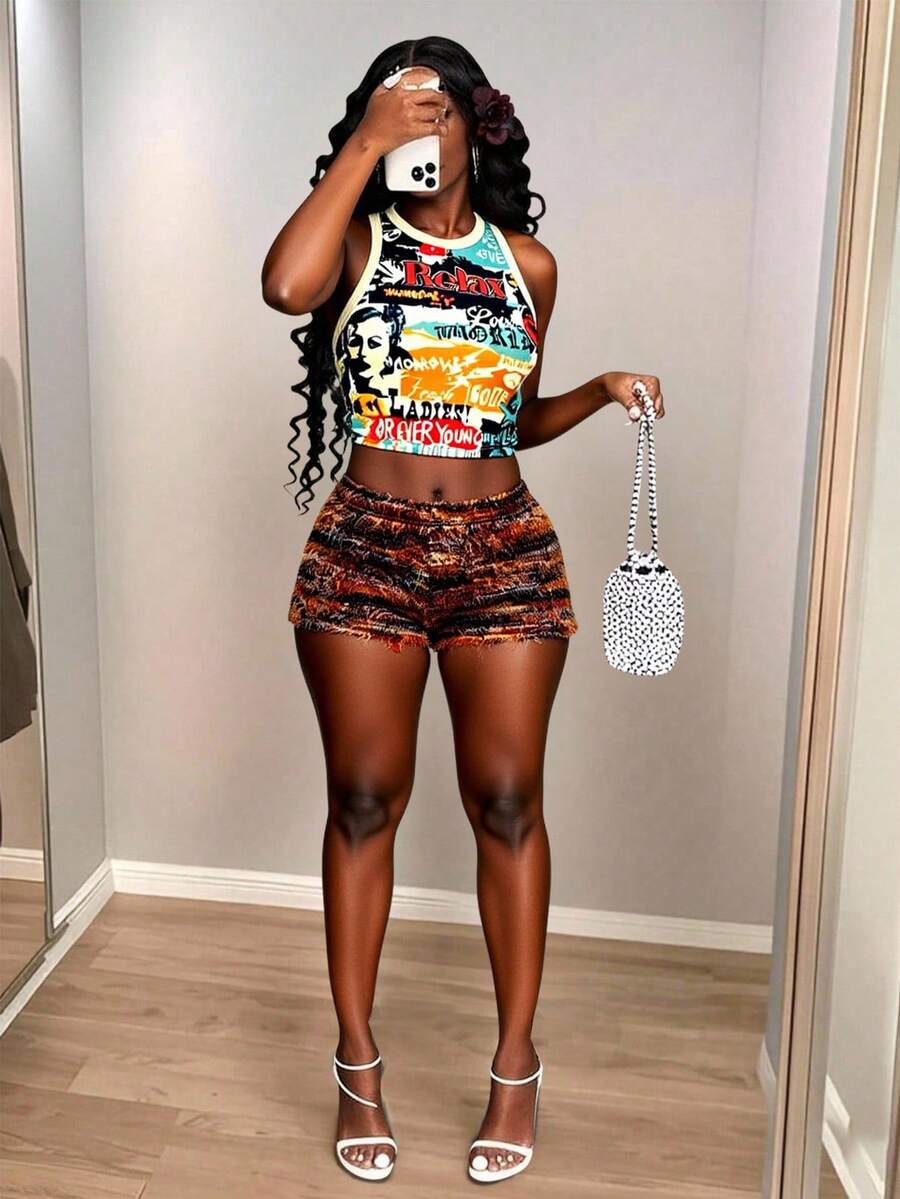 Slaydiva Conjunto de 2 piezas de chaleco corto estampado de cara completa + shorts mini Maillard para mujer, nuevo para otoño e invierno 2025. Adecuado para conciertos, disfraces de Halloween, Navidad, cumpleaños, salidas, fiestas, festivales y atuendos de club sexy. - Multicolor - Ver 1