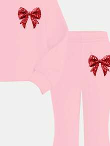 SHEIN Trang trí nơ dễ thương & ngọt ngào, tông màu hồng đáng yêu Giáng sinh, màu hồng nữ tính, ấm áp, quà tặng phiên bản giới hạn Giáng sinh, bộ áo chui đầu dệt kim mềm mại tối giản thường ngày cho bé gái, thích hợp cho mùa thu/đông, tiệc Giáng sinh, phong cách đường phố, trang phục mặc nhà - Nhiều màu - Xem 10