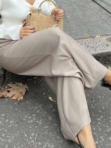 NegzBox 超宽腿褶皱西装套装 仅限套装 长裤 可爱约会之夜 外出 秋季 圣诞夜 工作 办公室 返校 干净利落 冬季派对 - 卡其色 - 查看 5