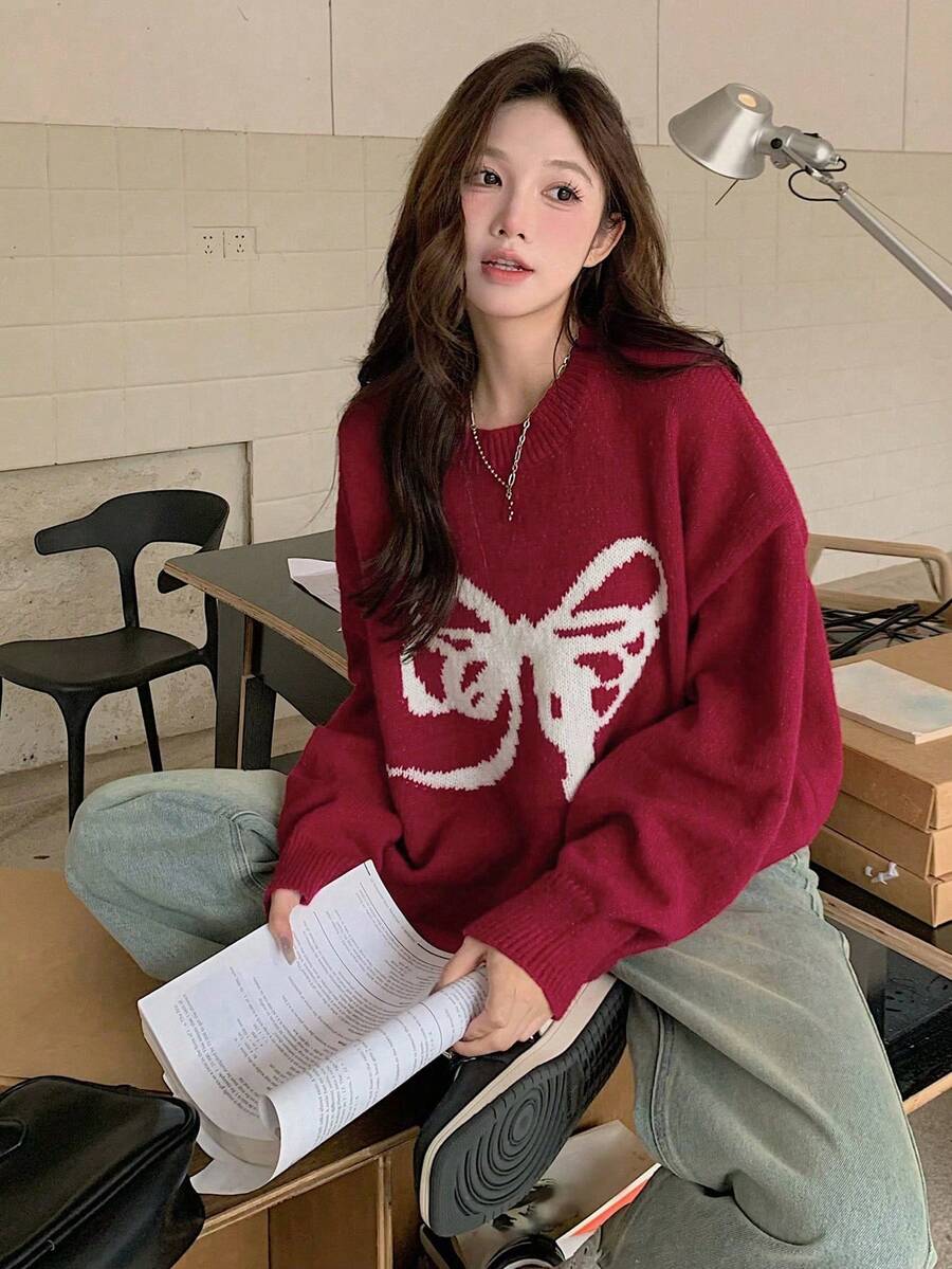 DAZY 少女蝴蝶结圆领落肩长袖毛衣，秋季圣诞 - 酒紅色 - 查看 1