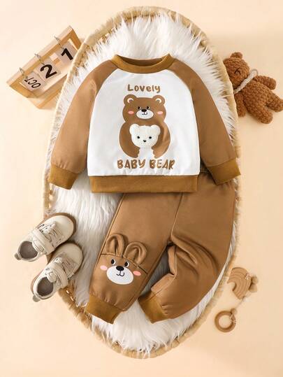 SHEIN Baby Boy Winter Clothing Khaki Color Long-Sleeve Crewneck Sweatshirt Fun And Cute Large Pattern Print Kids Baby Clothes Ootd