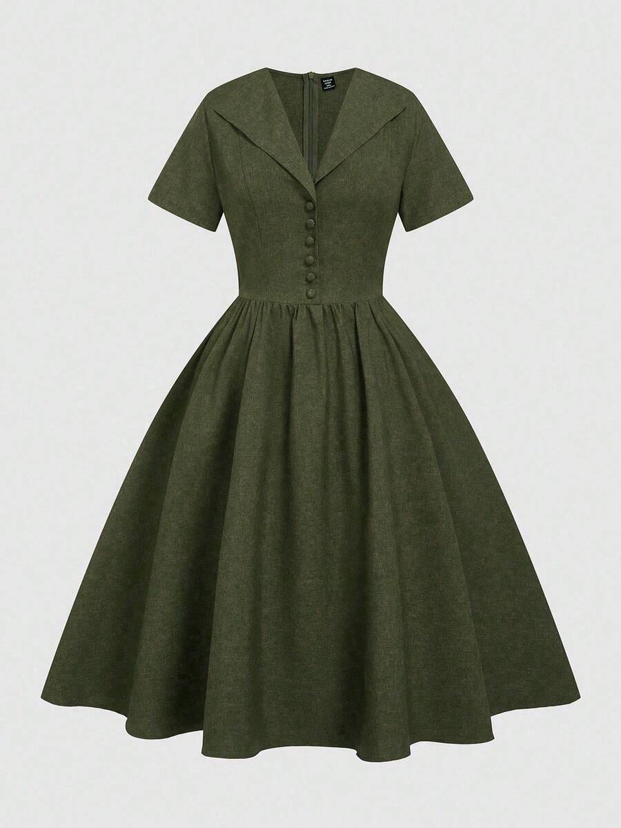 Sweetra 大码女式纯色翻领纽扣设计优雅复古连衣裙 - 墨綠色 - 查看 1