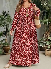 EMERY ROSE Gaun Kasual Merah Minimalis Motif Bunga Kecil Ukuran Besar Lengan Panjang Kerah Bulat, Cocok untuk Pesta Tahun Baru Musim Gugur/Musim Dingin - MultiWarna - View 4