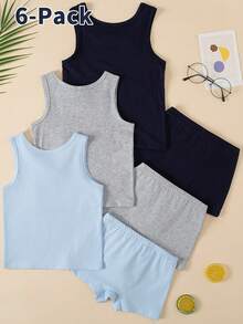 SHEIN Explorewe 6件套男童纯色棉混纺三角裤和背心套装，白色、灰色、藏青色，适合4-7岁儿童 - 彩色 - 查看 2