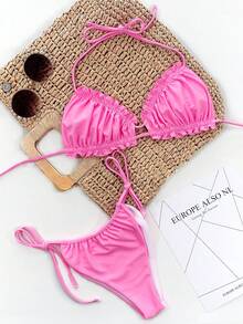 Bonvoyette Conjunto de bikini con volantes, cuello halter y frente retorcido de unicolor