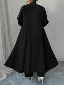 SHEIN Tall CURVE Elenzga 2pcs/Set Plus Size Women Solid Color Button Collar Long Jacket And Pants Suit - Black - View 2