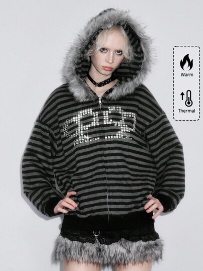 ROMWE Avant sweat-shirt à capuche oversize en fausse fourrure à rayures noires et grises avec patchwork et ornements de strass, style streetwear Y2K décontracté pour femmes