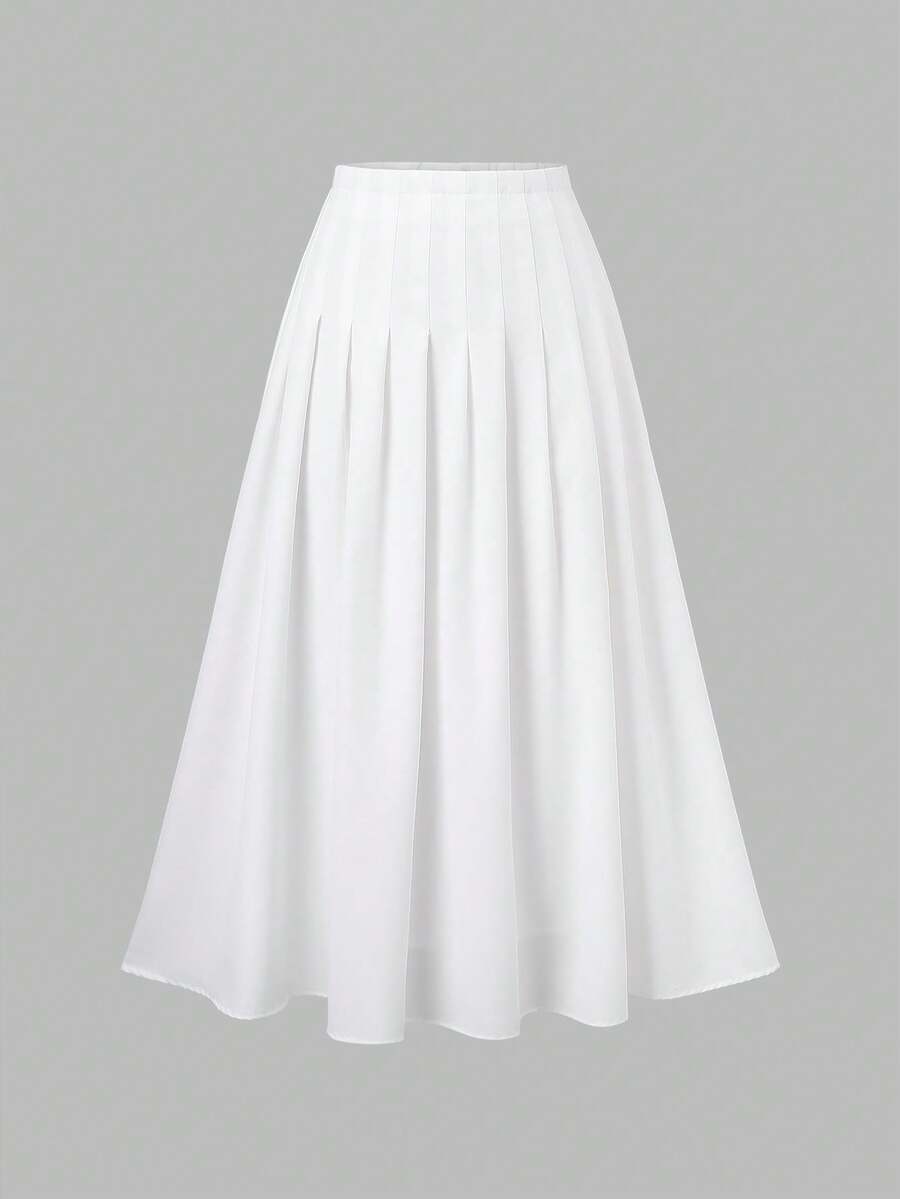 Sweetra Casual Plain Pleated High Waist Skirt Fall Cloth For Women - White - View 1