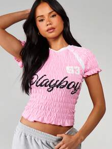 Missguided x Playboy 褶皱印花图案短袖露脐T恤，夏季休闲节日装 - 粉色 - 查看 5