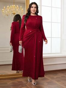 Modelyn Đầm dự tiệc cổ tròn xếp ly thanh lịch cỡ lớn dành cho nữ - Màu Đỏ Sâu - Xem 8