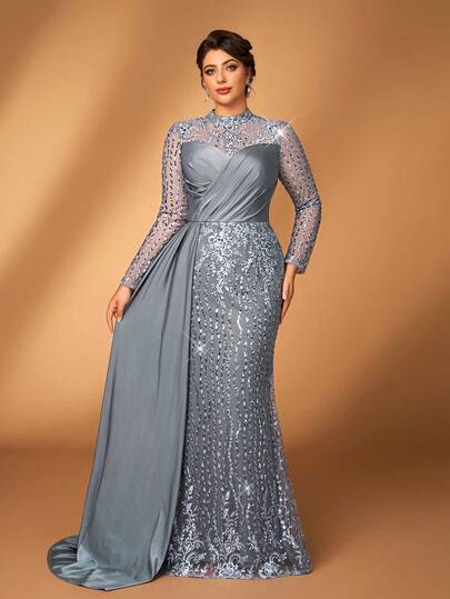 Serin Plus Size Elegant Luxurious Gray Embroidered Sequin Lace Satin Patchwork Dress, Suitable For Wedding, Party, Vacation, Prom, Mother Of The Bride Evening Gown