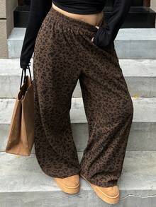 Dazy Plus Plus Size Women Elastic Waist Loose Leopard Print Straight Leg Long Corduroy Pants