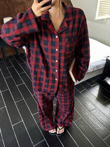 Dazy Plus Conjunto de pijama holgado a cuadros de talla grande, adecuado para todas las estaciones, ropa de otoño e invierno - Rojo - Ver 8
