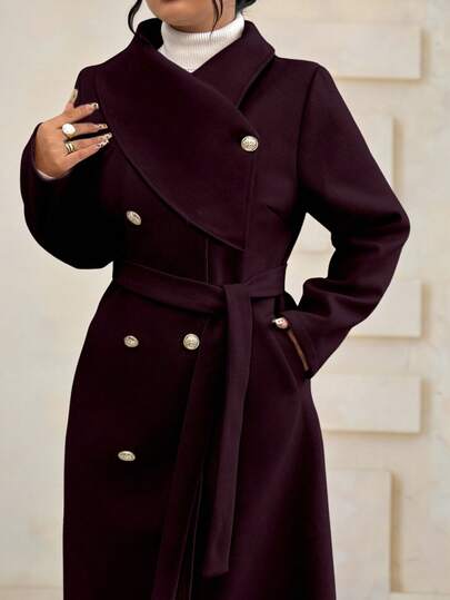 Roveilla معطف صوفي طويل أنيق ذو جودة عالية وتصميم رومانسي للنساء ذوات الحجم الكبير، بأكمام طويلة وربطة خصر مزدوجة الصدر بلون واحد