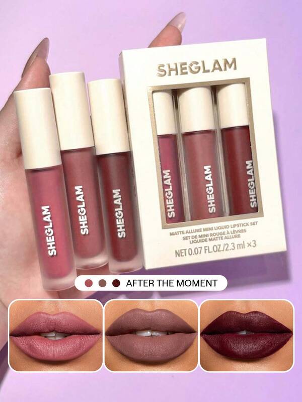 SHEGLAM Matte Allure Mini Liquid Lipstick Set-After The Moment 3 Pezzi/Set Rossetto A Lunga Tenuta Olio Di Girasole Nutriente Riduce Le Linee Sottili Delle Labbra Rossetto Liquido Set Da Viaggio Festa Di Natale Rossetto Liquido Marchio Bellezza Trucco Cosmetico Per Donne Ragazze Perfetto Per Autunno Inverno Ideale Per Y2K Elegante Moda Adatto Per Compleanno Natale Presente Festa Pronto Migliore Colore