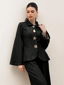 Modelyn 时尚女装套装，优雅金属纽扣装饰长袖蓝色牛仔衬衫和高腰阔腿直筒裤 - 灰色 - 查看 1