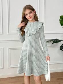 SHEIN Tween Girl Ribbed Stand Collar Ruffle Trim Fitted Knit Dress - Mint Green - View 4