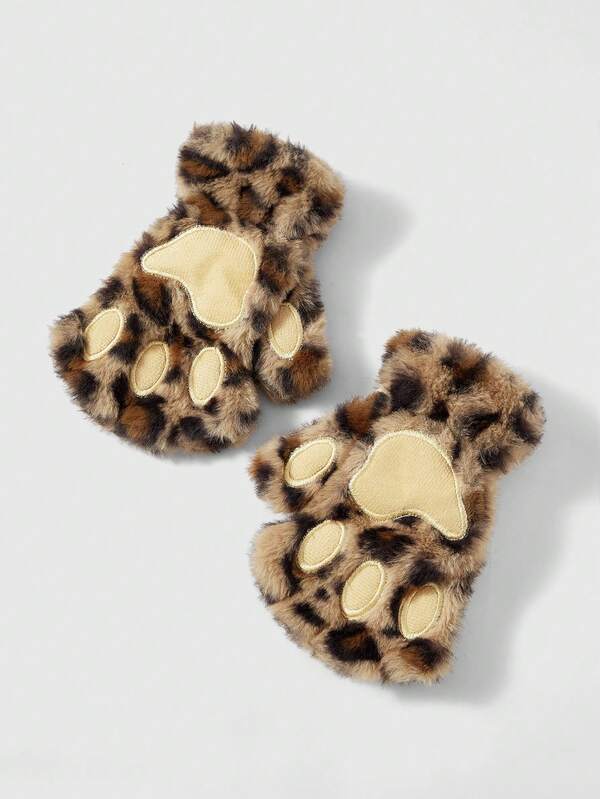 ROMWE Goth 1 par de guantes sin dedos con estampado de leopardo amarillo-marrón retro Y2K, accesorio versátil para otoño/invierno, Halloween, adecuado para uso diario, fiestas y reuniones