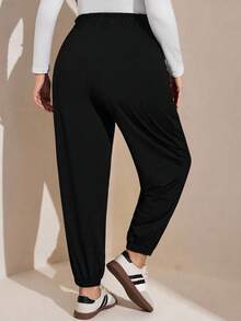 SHEIN LUNE Plus Size Women's Solid Color Ruffle Waist Tie Casual Jogger Pants