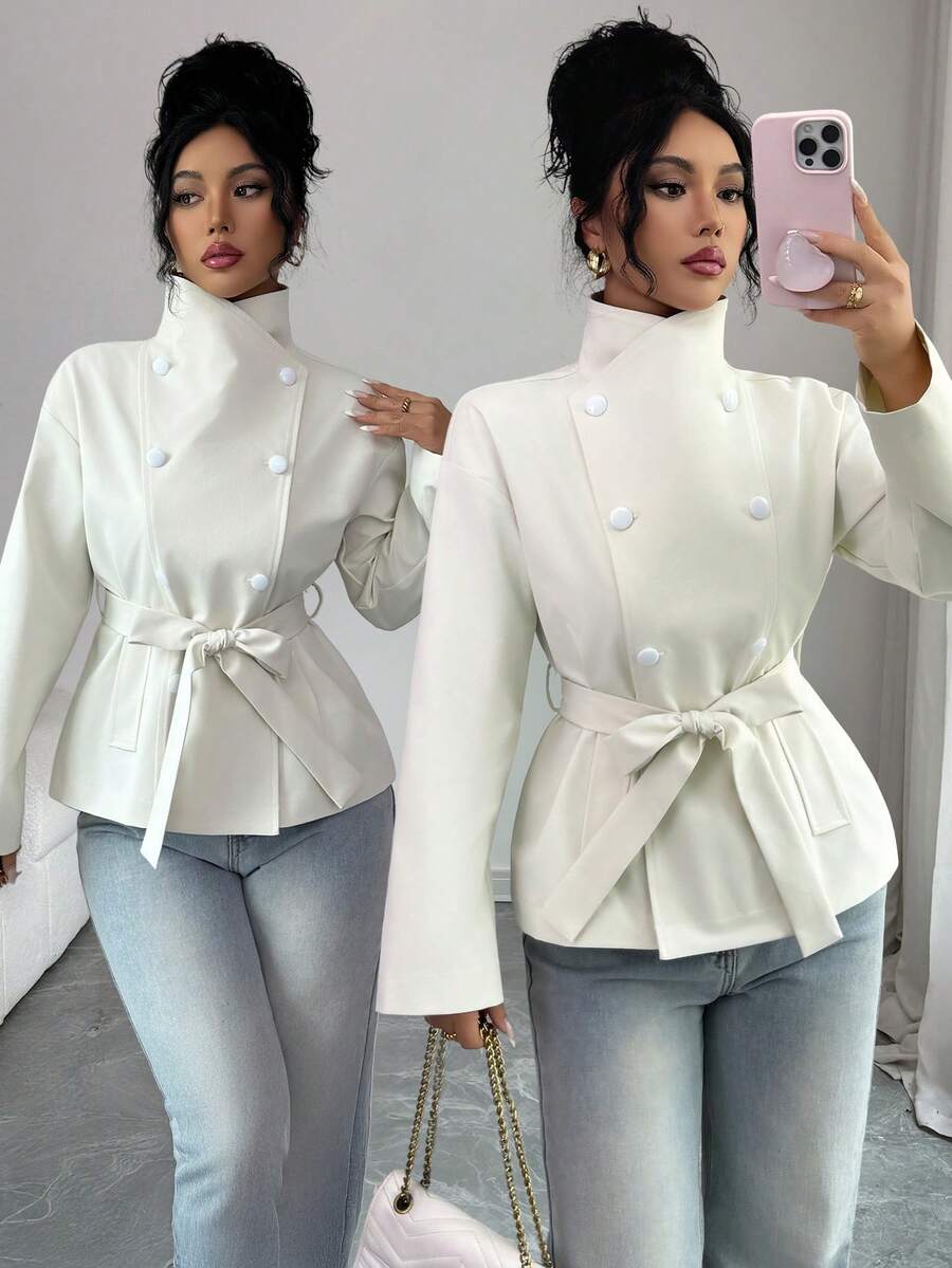 Elenzga Women's Casual Stand Collar Cinched Waist Short Trench Coat, Button Decor Fake Pockets, Versatile For Spring, Autumn & Winter - Apricot - View 1