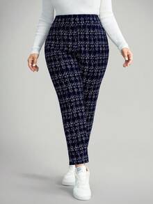 Comfylo 大码女式波点印花休闲裤，带口袋和侧开衩，适合度假、新年、冬季、情人节、商务休闲等场合。 - 藏蓝色 - 查看 3