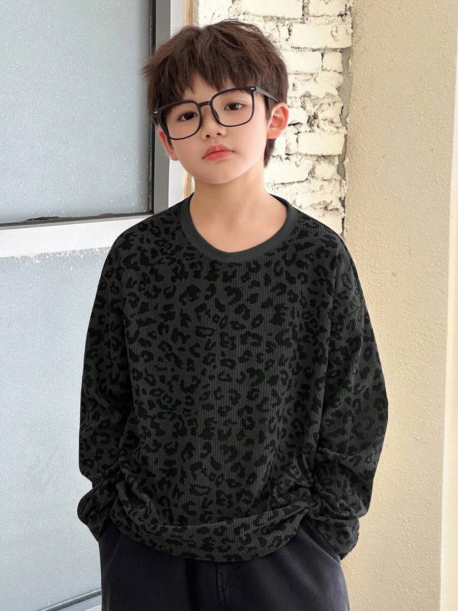 DAZY 男童宽松豹纹圆领T恤，休闲时尚，秋季款 - 灰色 - 查看 1