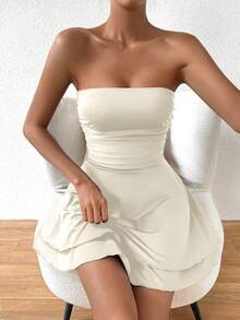 Allurite 米色性感露背褶皱连衣裙，女士生日装、外出装、约会装、夜店装、演唱会装、秋季服装、锐舞节装、派对必备、万圣节礼服 - 米色 - 查看 3