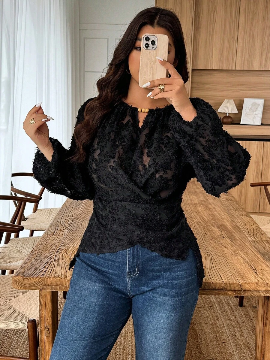 Weeklong 女士提花面料串珠衬衫,适合约会和通勤,秋季款 - 黑色 - 查看 1