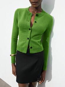 Maija Women's Elegant Solid Green Round Neck Button Front Long Sleeve Casual Pullover Sweater, Versatile For Christmas, Daily Wear, Business Casual - Green - View 8