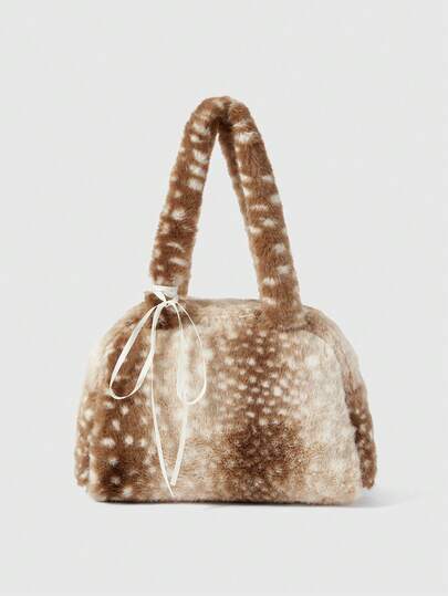 Fairycore 1 pieza Bolso de mano de mujer de color caqui, de moda, portátil, de peluche con lazo de encaje