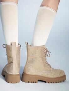 Sugerpunk Cuccoo 时尚水钻装饰厚底靴 - 杏色 - 查看 6