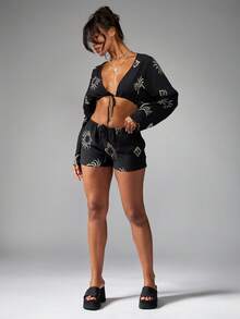 Women Embroidered Co-Ord Set Long Sleeve Crop Top And High Waist Shorts Summer Beach Boho Festival Two Pieces Matching Set Vacation Resort Wear - Multicolor - View 6