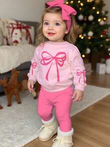 SHEIN Happikins Merry Christmas Baby Girl Casual Sweet Cute Ballet Style Pink Bow Pattern Cream Pink Round Neck Long Sleeve Sweatshirt And Leggings 2 Pieces Set, Suitable For Autumn/Winter - Multicolor - View 1